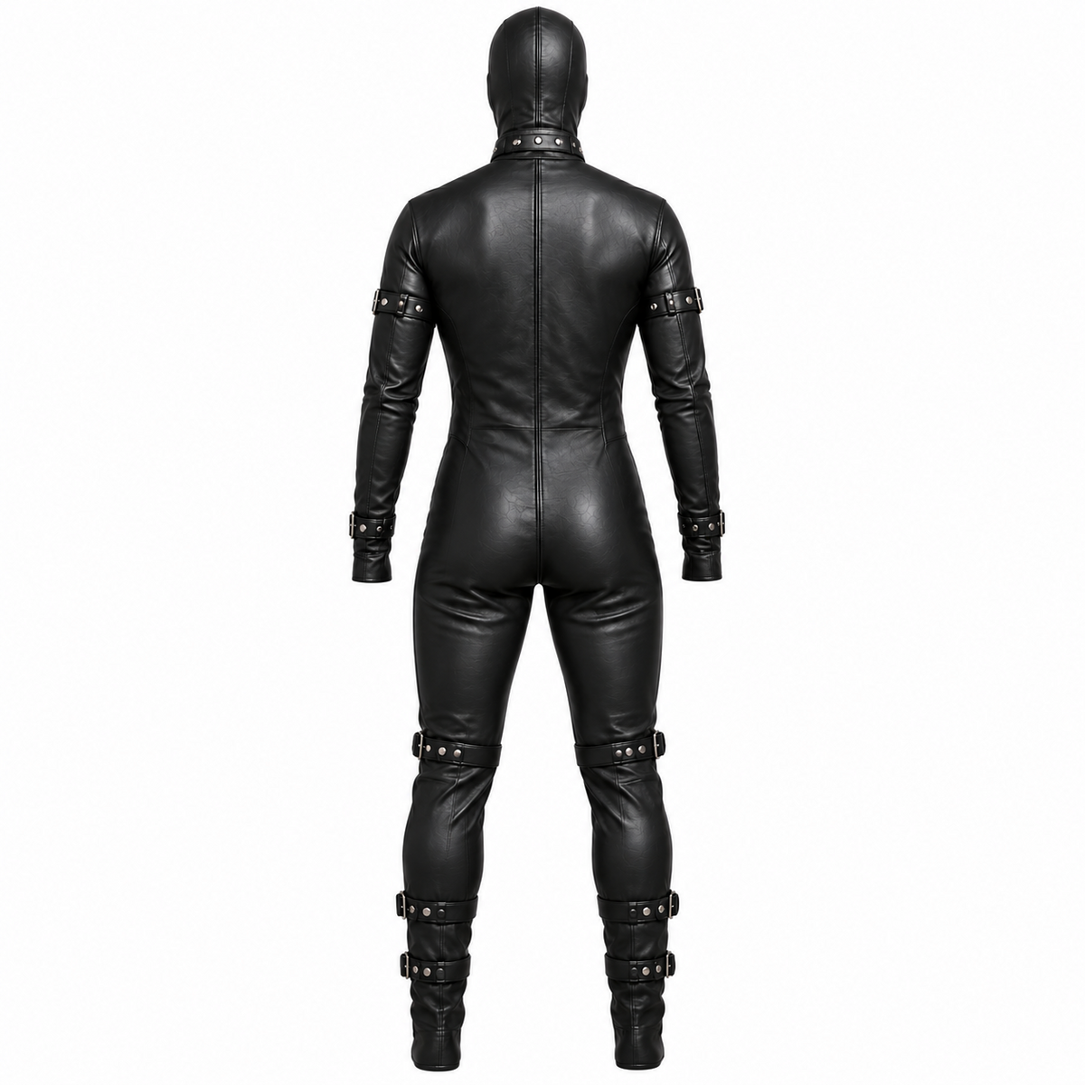 Back view of black genuine leather hooded suit with shaped seams, long sleeves, full-length legs and buckle bands at the arms and lower legs.