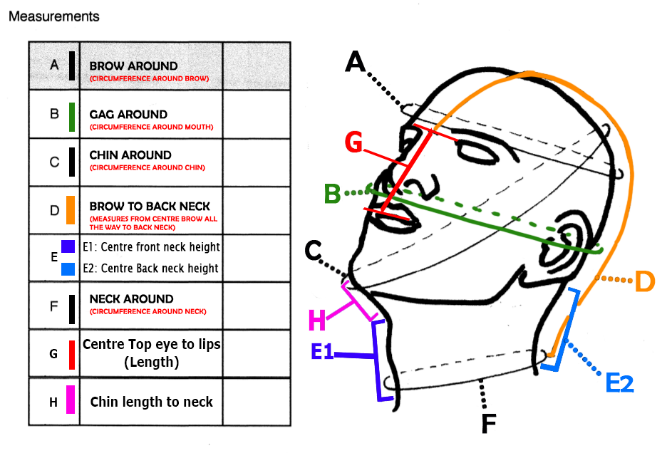 Head measurement guide illustrating brow, mouth-level, chin and neck circumference, front and rear neck heights and facial lengths.