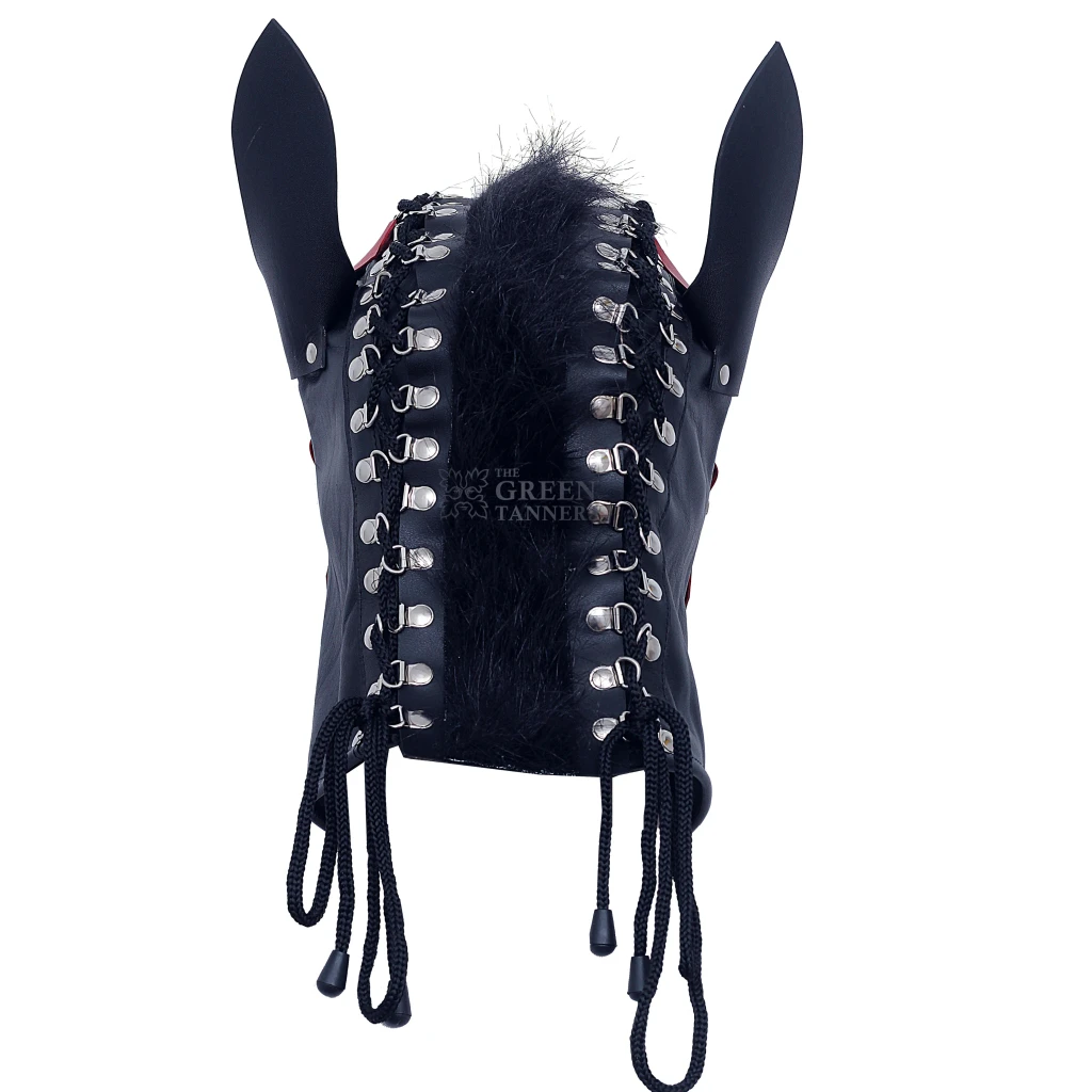 Rear view of black leather horse pony hood with a dark mane, twin rows of cord lacing, metal hooks and tall pointed leather ears.
