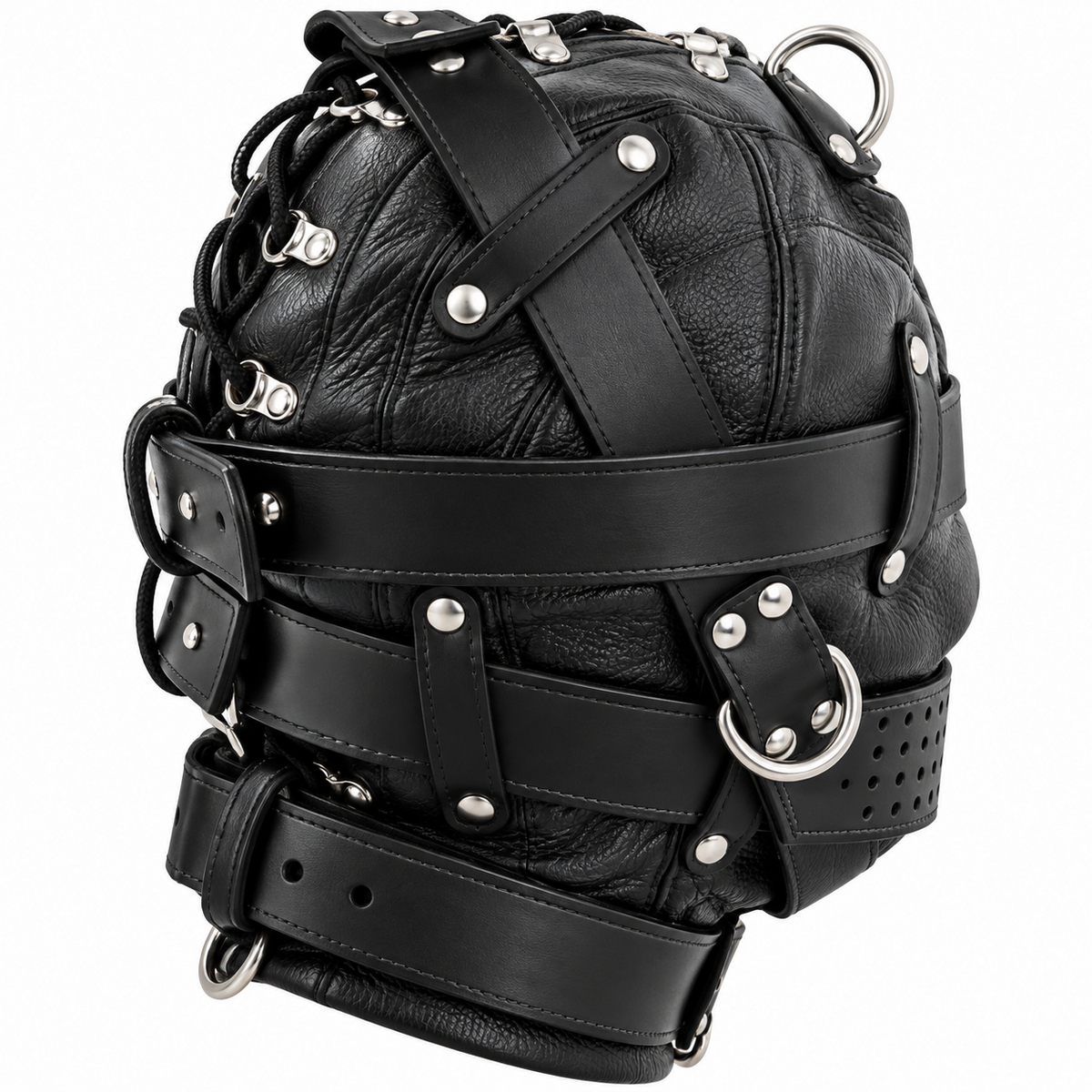 Rear angle of black genuine leather full-head hood showing lace-up closure, layered adjustable straps, rivets and silver-tone D-rings on white.