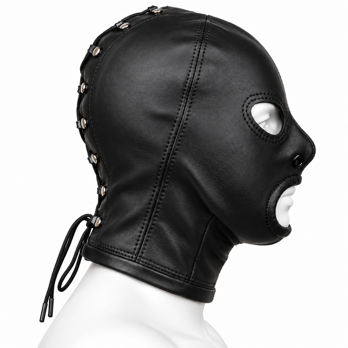 Side profile of black genuine leather hood showing the shaped eye and mouth openings, nose eyelet, curved seams and rear cord closure.