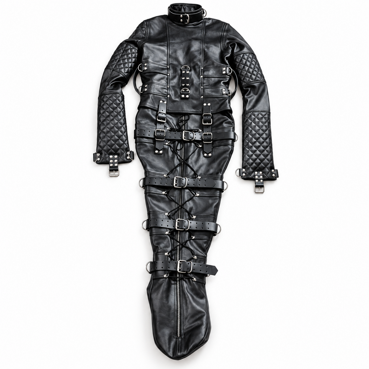 Front of black genuine leather sleeved sleep sack with quilted arm panels, buckle collar, lower lacing and multiple silver-tone buckles.