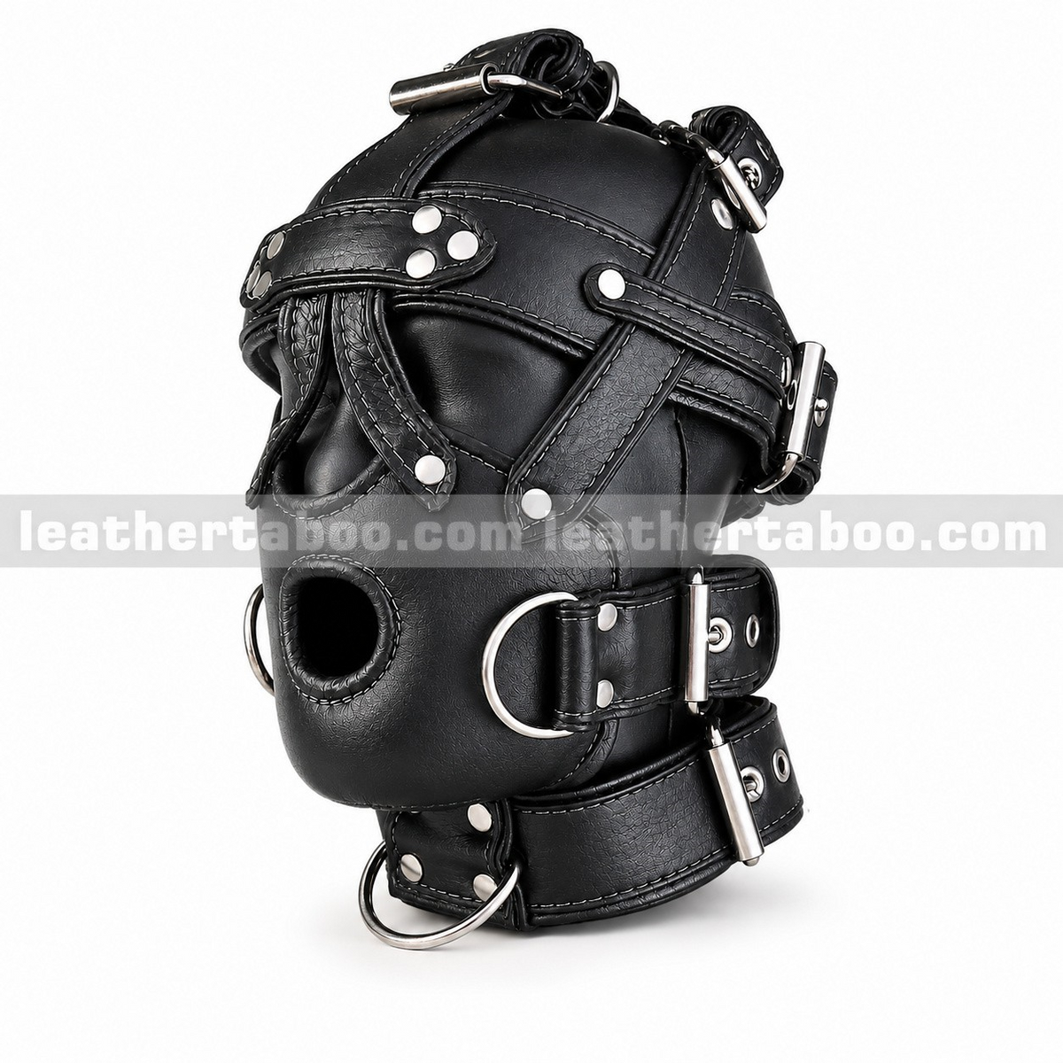 Angled view of black leather hood mask with layered harness straps, circular mouth opening, silver-tone buckles and D-rings on a white background.