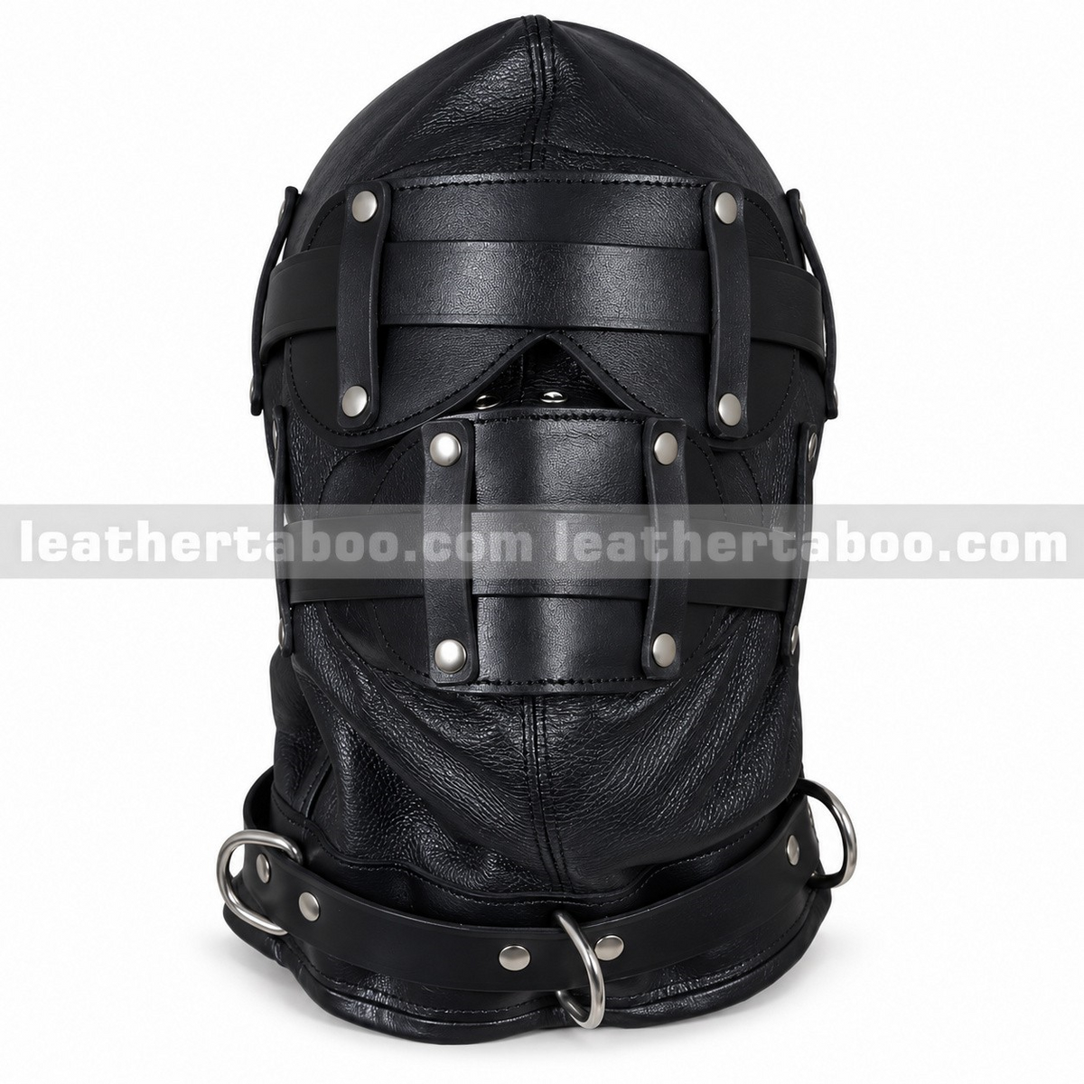 Front view of black leather hood with layered eye cover, strapped mouth panel, nose eyelets and three silver-tone collar rings on a white background.