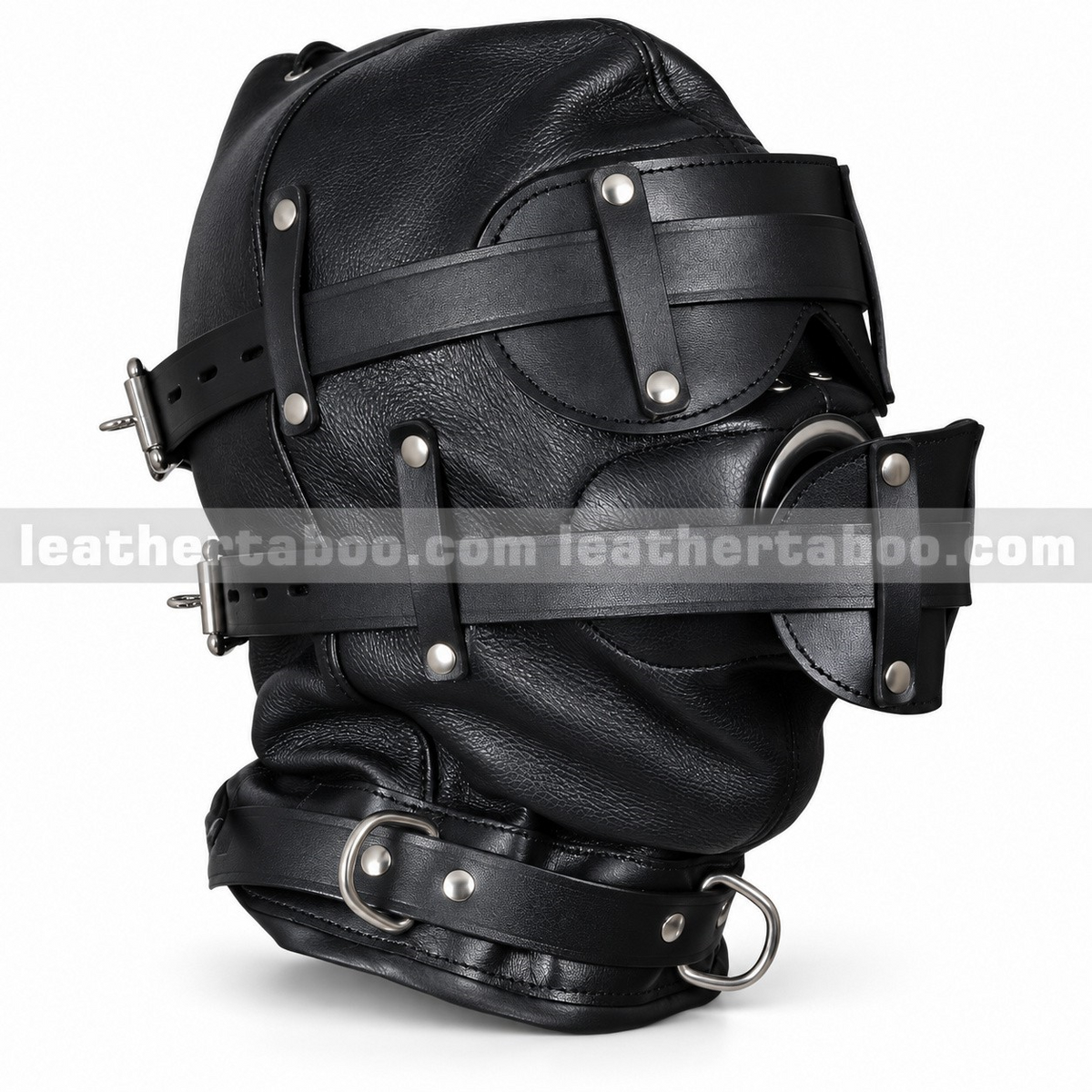 Side view of black leather hood showing eye and mouth cover straps, adjustment buckles, stitched panels and silver-tone rings around the collar.