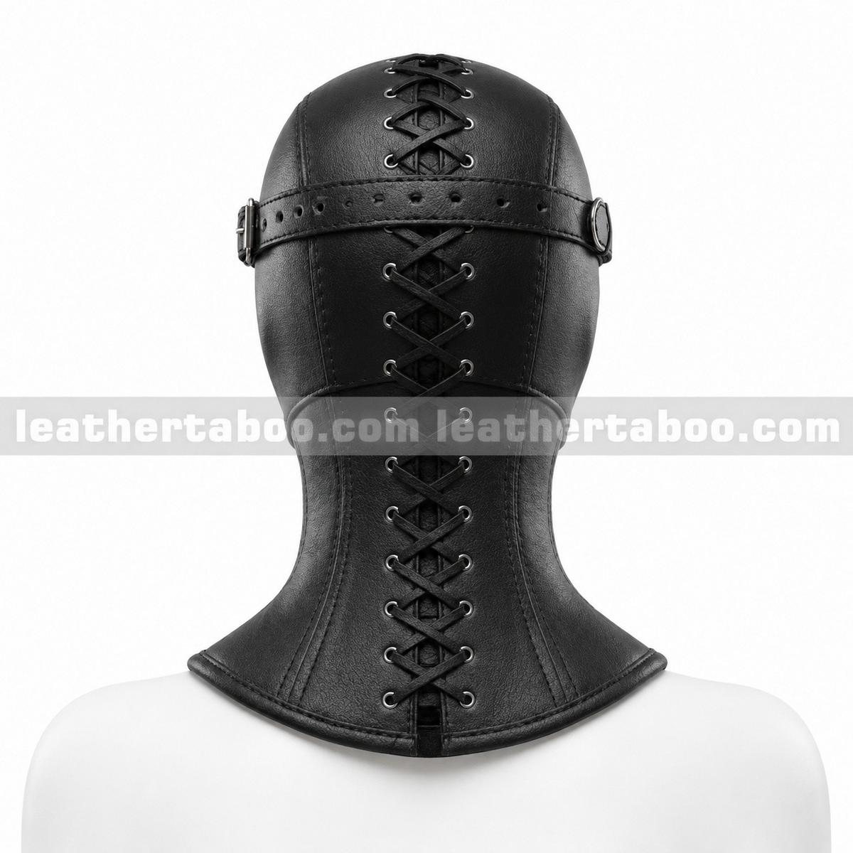 Rear view of black leather hood and neck corset with full-length lacing, metal eyelets, horizontal head strap and flared base on a white mannequin.