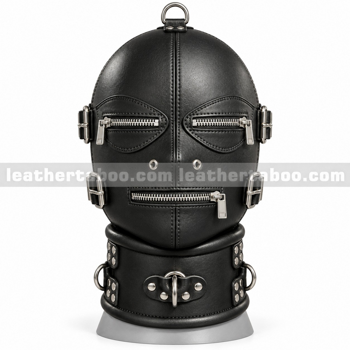 Front view of black leather hood with eye and mouth zippers, nose eyelets, crown D-ring and wide riveted ring collar on a white display form.