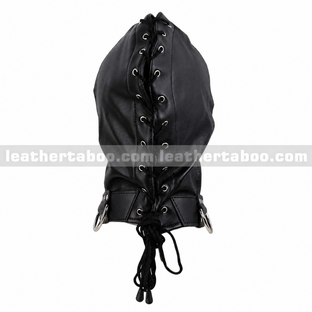 Rear view of black genuine leather hood mask with full-length lace-up closure, metal eyelets and collar D-rings displayed against a white background.