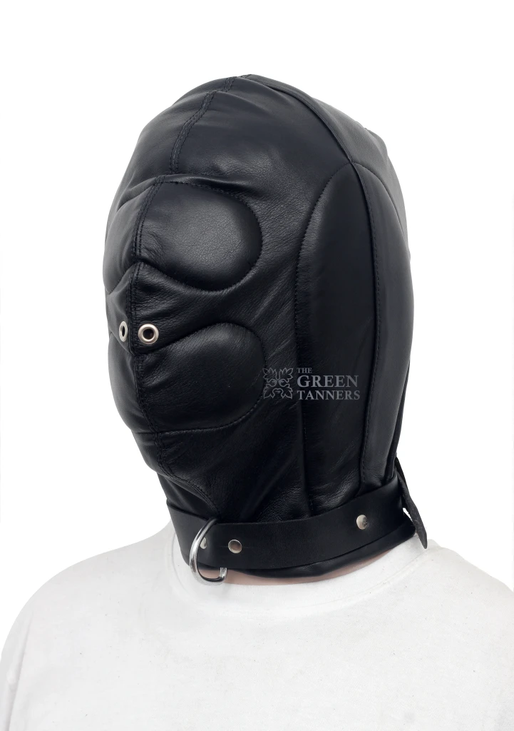 Angled front view of black padded leather hood showing curved facial panels, stitched crown seams and a riveted leather neck strap.