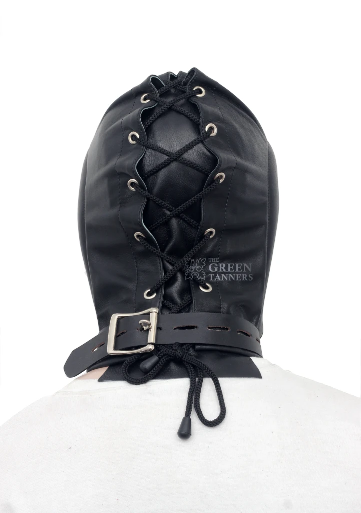 Rear view of black genuine leather hood showing crisscross cord lacing through metal eyelets and an adjustable buckle neck strap.
