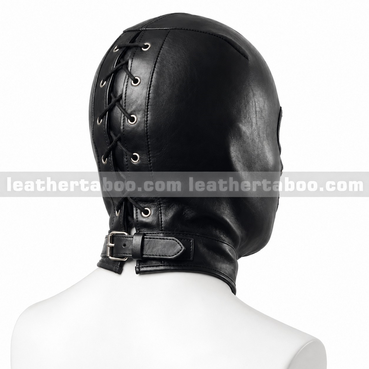 Rear angled view of black leather hood mask showing lace-up closure, metal eyelets and an adjustable neck buckle strap on a white mannequin.