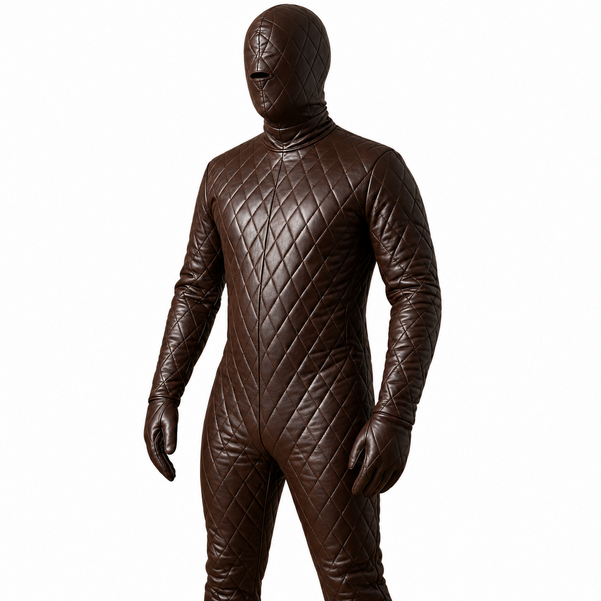 Front view of brown genuine leather diamond-quilted hooded suit with long sleeves and a small face opening, styled with matching gloves.