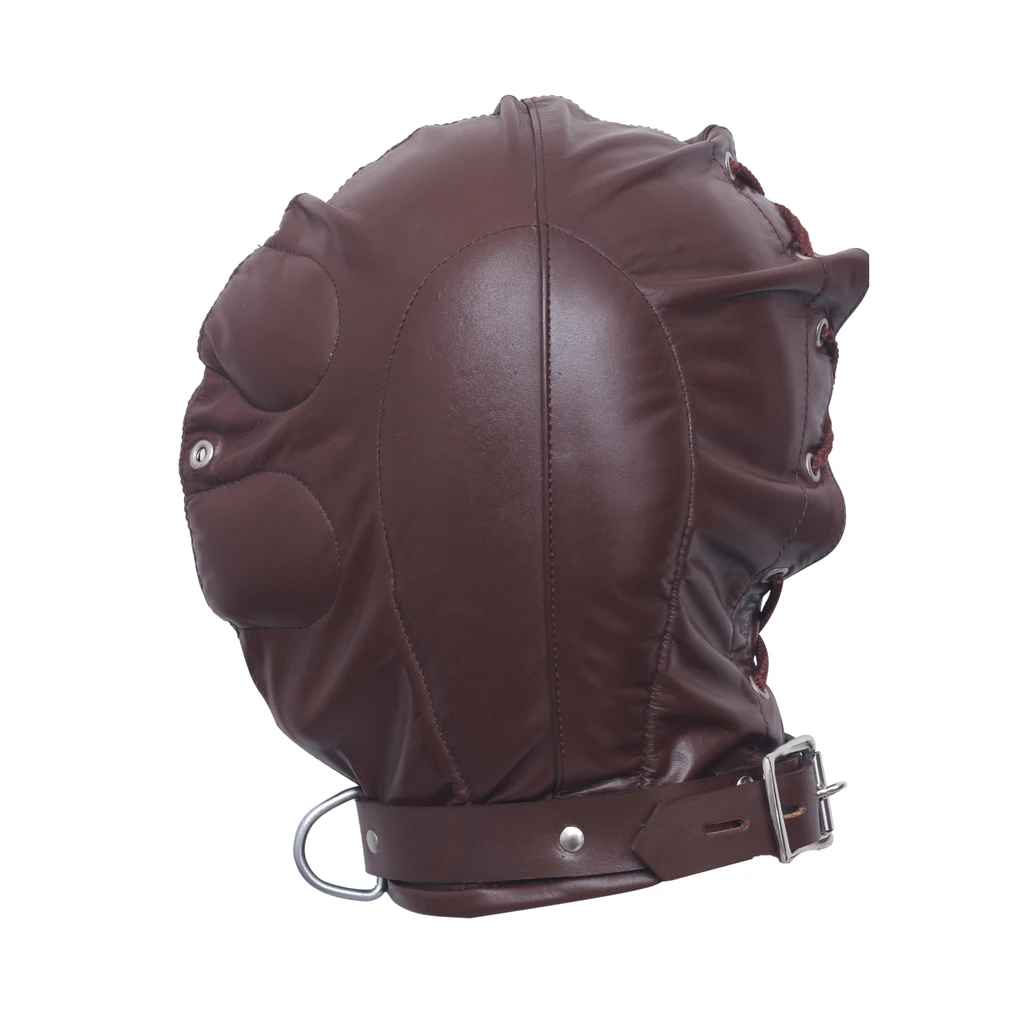 Side view of a brown padded leather hood showing an oval side panel, rear cord lacing and adjustable neck buckle with silver-tone hardware.