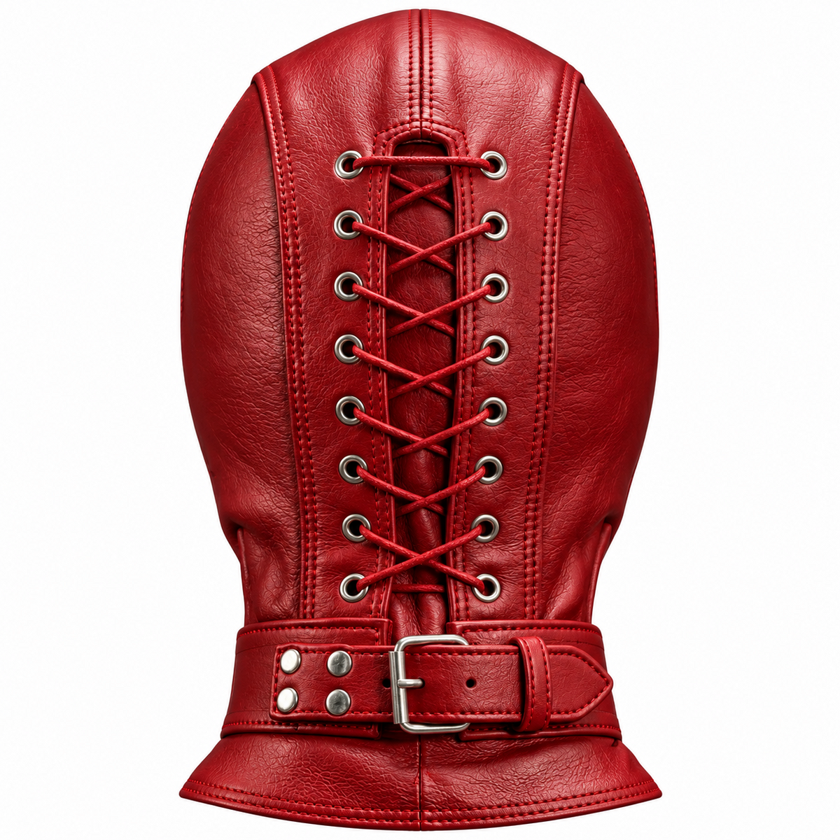 Rear view of burgundy red leather hood showing crisscross lacing, silver-tone eyelets, shaped stitched panels and a buckle neck strap.
