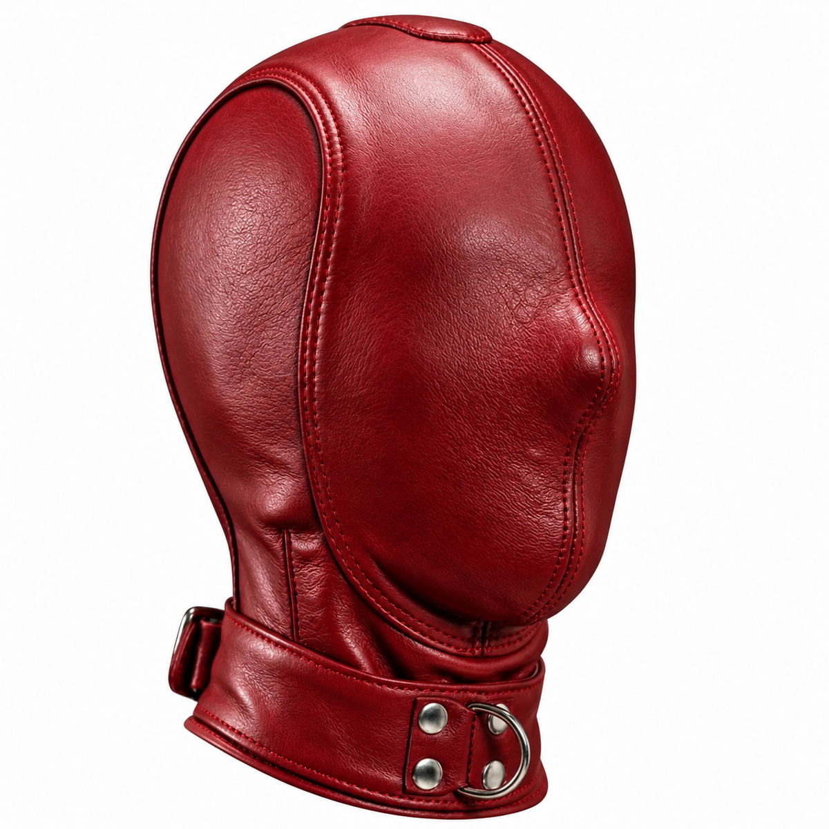 Burgundy red leather hood front view with a contoured covered face panel, stitched seams, wide collar and silver-tone D-ring hardware.