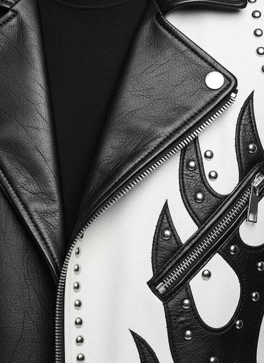 Men's Handmade Two Tone Studded White Leather Biker Jacket