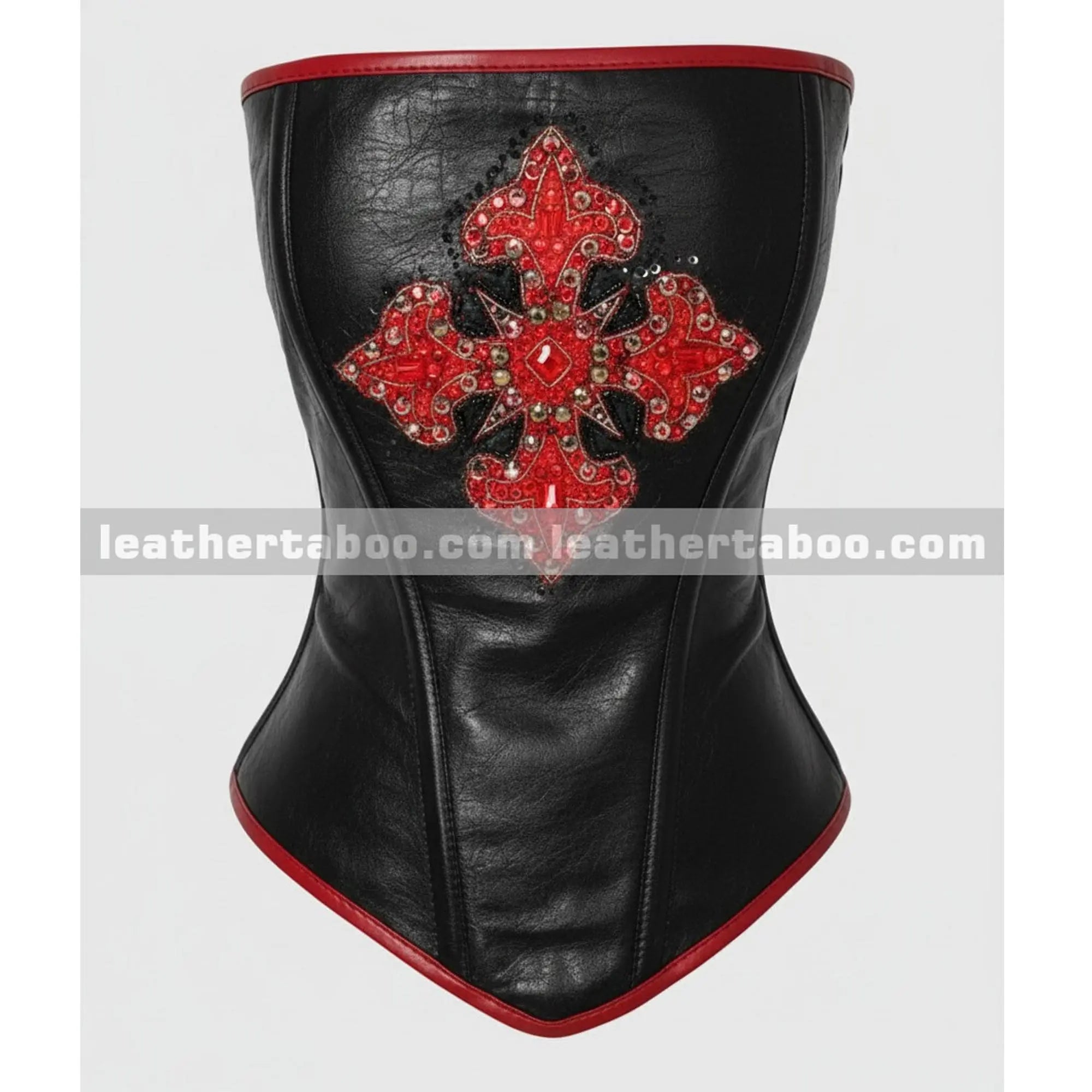 Black Leather Corset Top with Red Embroidered Detail | Handmade Structured Leather Fashion Top leathertaboo.com