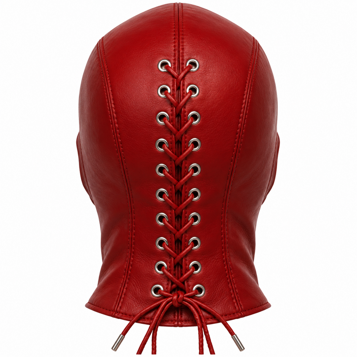 Back view of crimson red genuine leather hood showing full-length red lacing, silver-tone eyelets, curved panel seams and extended neck.