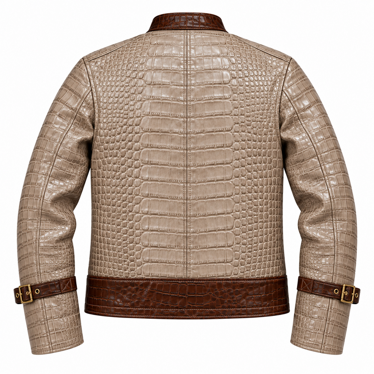 Back view of crocodile embossed genuine leather straitjacket with dark brown trim