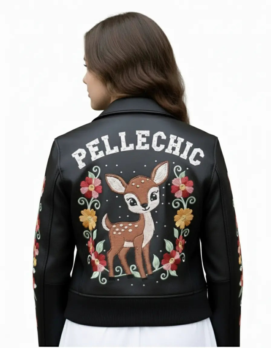 Pelle Chic โDeer Gardenโ | Hand-Embroidered Floral Leather Bomber leathertaboo.com
