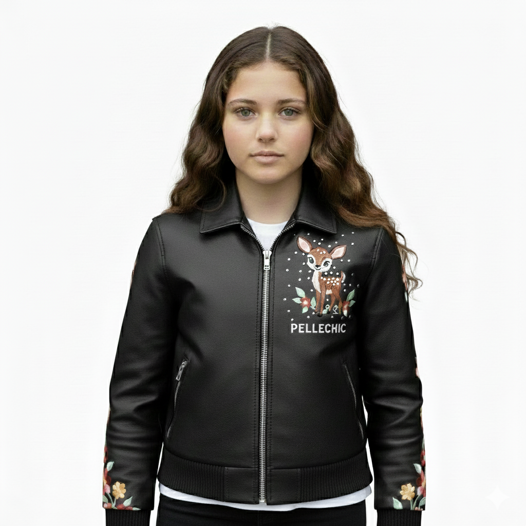 Pelle Chic “Deer Garden” | Hand-Embroidered Floral Leather Bomber leathertaboo.com