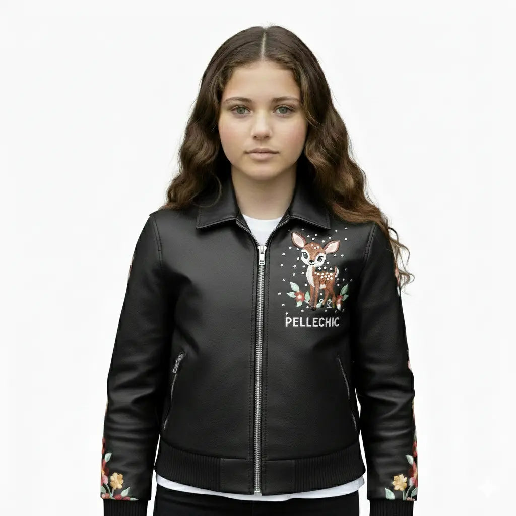 Pelle Chic โDeer Gardenโ | Hand-Embroidered Floral Leather Bomber leathertaboo.com