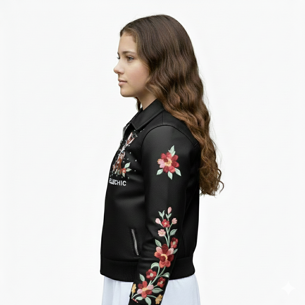 Pelle Chic “Deer Garden” | Hand-Embroidered Floral Leather Bomber leathertaboo.com