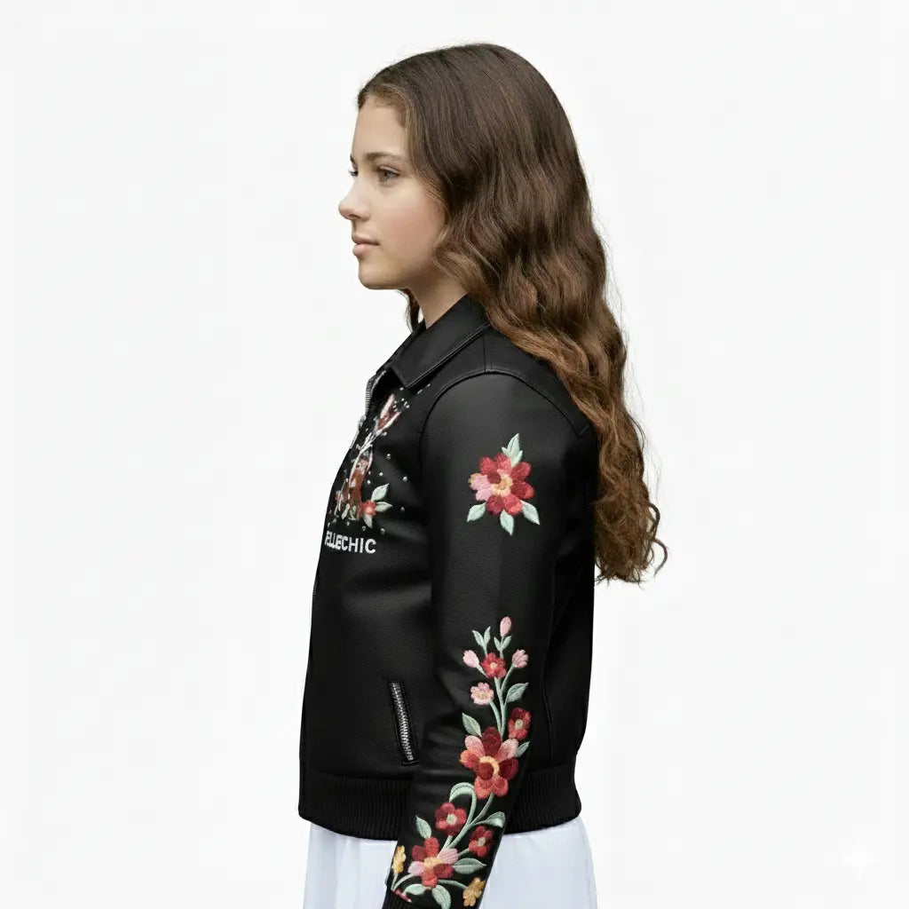 Pelle Chic “Deer Garden” | Hand-Embroidered Floral Leather Bomber leathertaboo.com