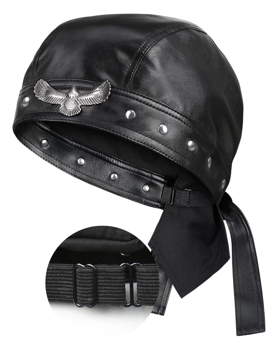Menโs Black Leather Biker Cap & Collar Set (Motorcycle Fashion Accessory)