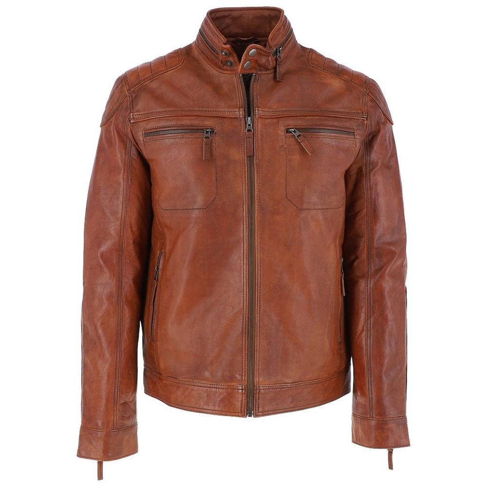 Menโs Brown Real Leather Hunter Jacket (Stand-Up Collar Full Zip Warm Coat)