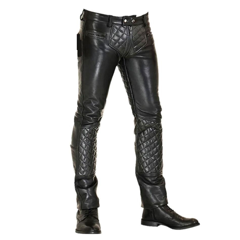 Menโs Real Leather Quilted Biker Pants (Black BLUF Uniform Gay Trousers)
