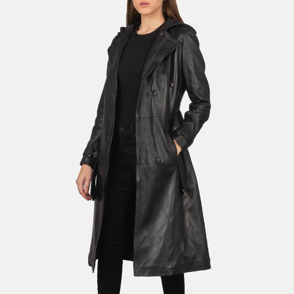 Women’s Double-Breasted Leather Coat (Slim Fit Winter Long Sleeve Jacket)