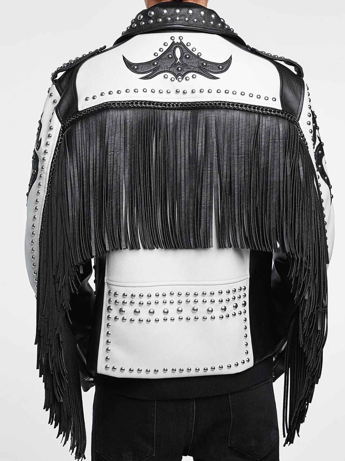 Men's Handmade Two Tone Studded White Leather Biker Jacket