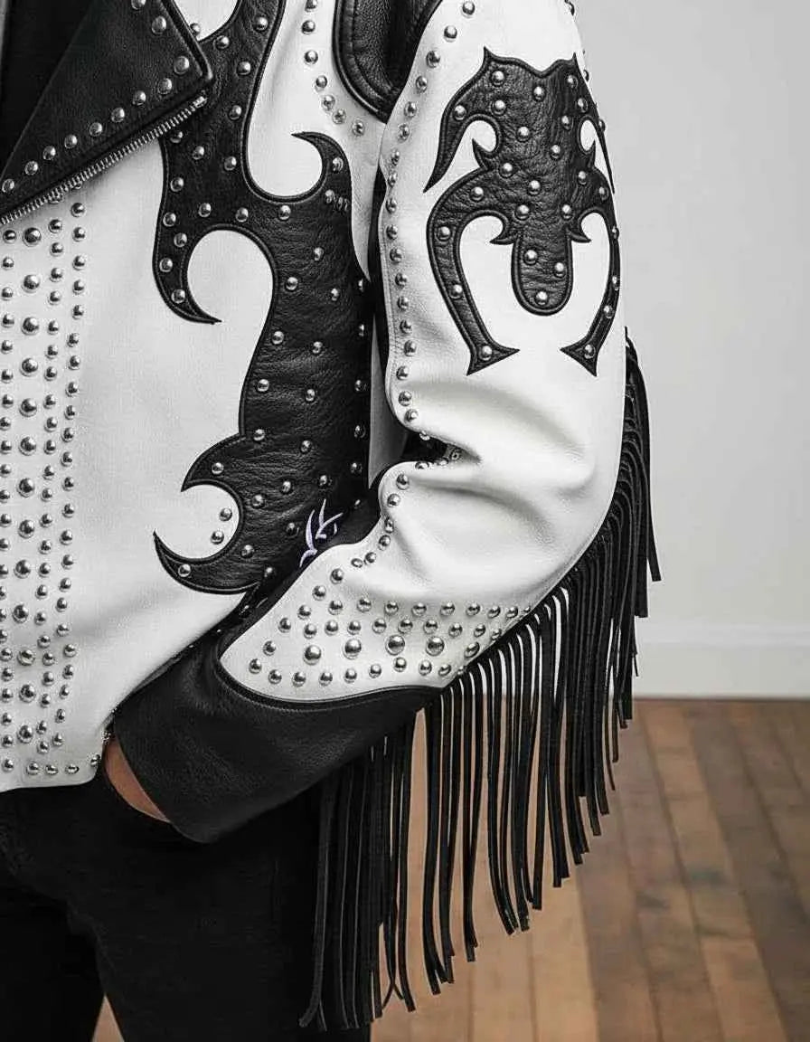 Men's Handmade Two Tone Studded White Leather Biker Jacket