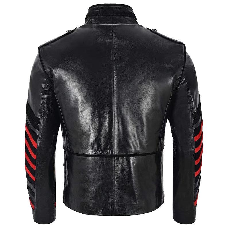 Men's Gothic Black & Red Leather Jacket - Laced Military & Zip Up Style
