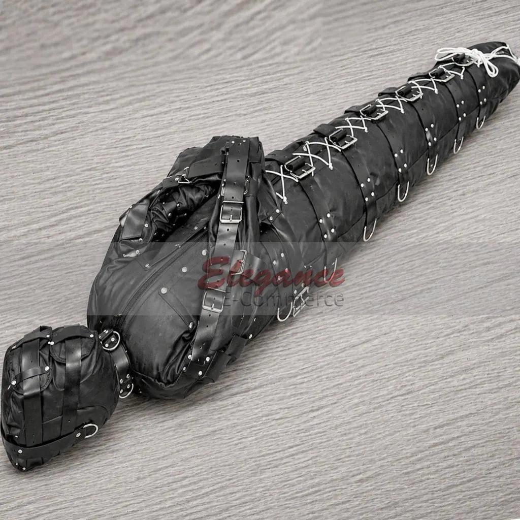 Leather Sleep Sack Gimp Suit BDSM Kinky Bondage Bag Fetishizing Black Armbinder