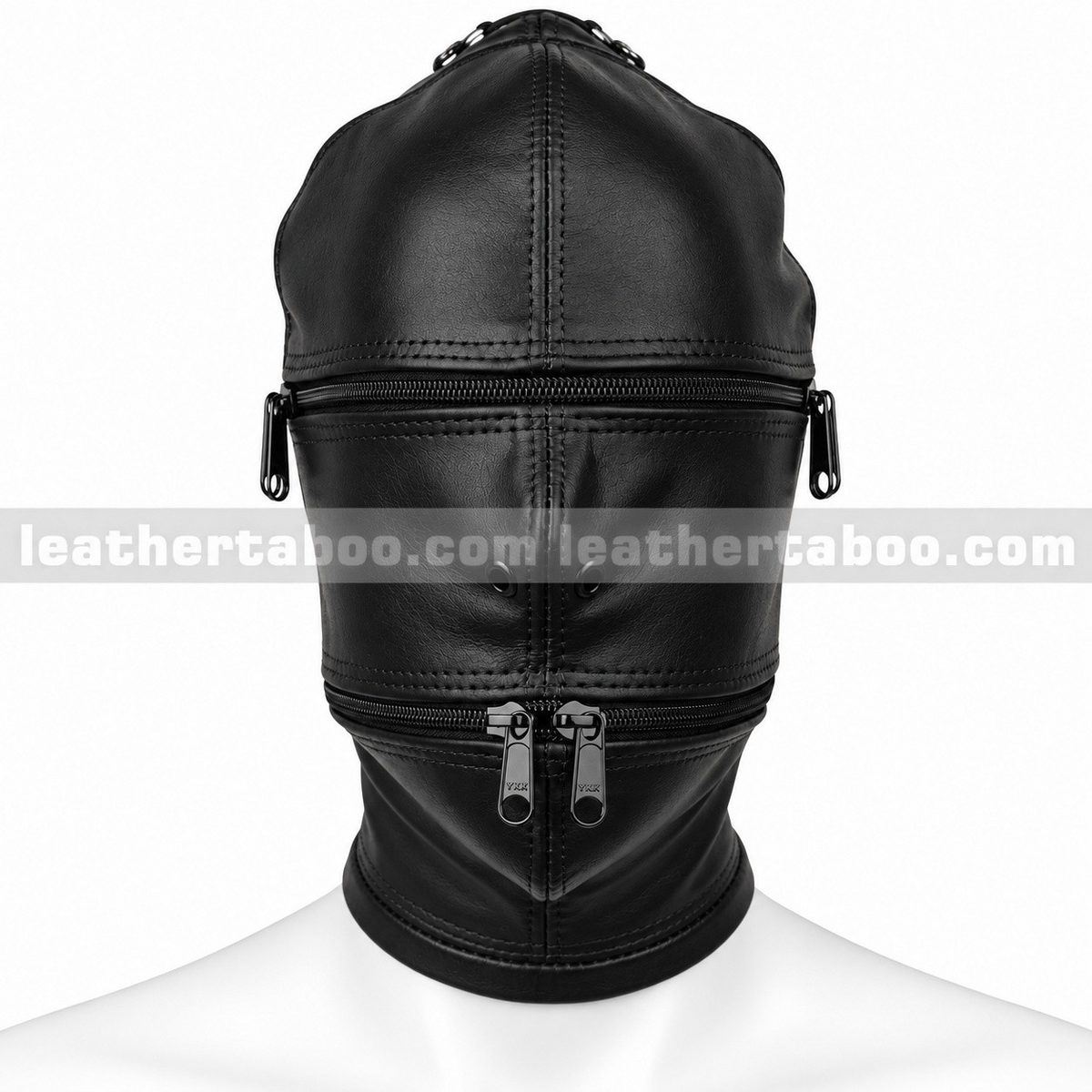 Black genuine leather full face hood mask shown from the front with horizontal eye zipper, double mouth zipper, nose holes and detailed stitching.