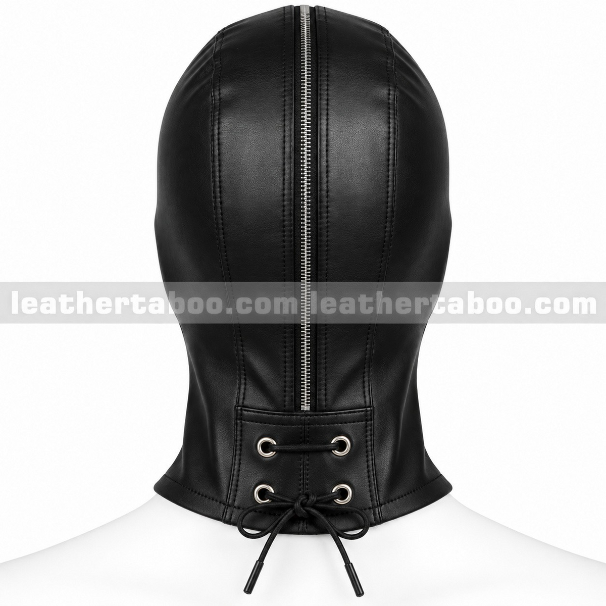 Rear view of a black genuine leather hood mask showing its center zipper and lace-up neck detail.