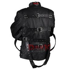 Men's Black Leather Restraint Asylum Straight Jacket With Red Piping bodysuit