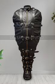 Women's Genuine Leather Bondage Bag Catsuit BDSM Straitjacket With Arms Binder