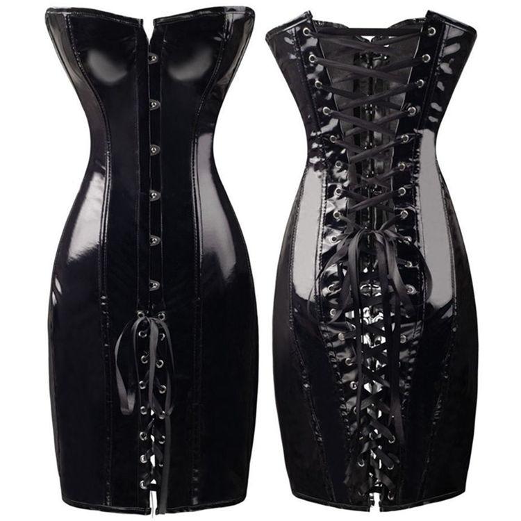 Women's Black Leather Corset Lace-up waist - Mistress Bodycon hobble dress