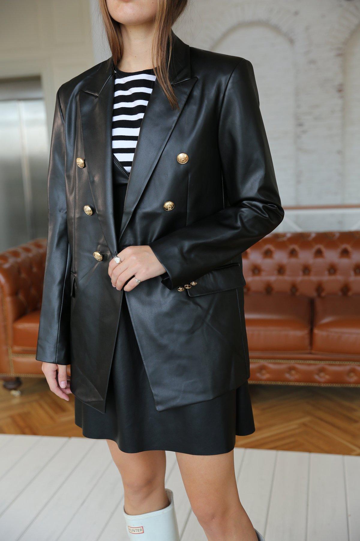 Women’s Handmade Double Breasted Leather Coat (Gold Button Casual Jacket)