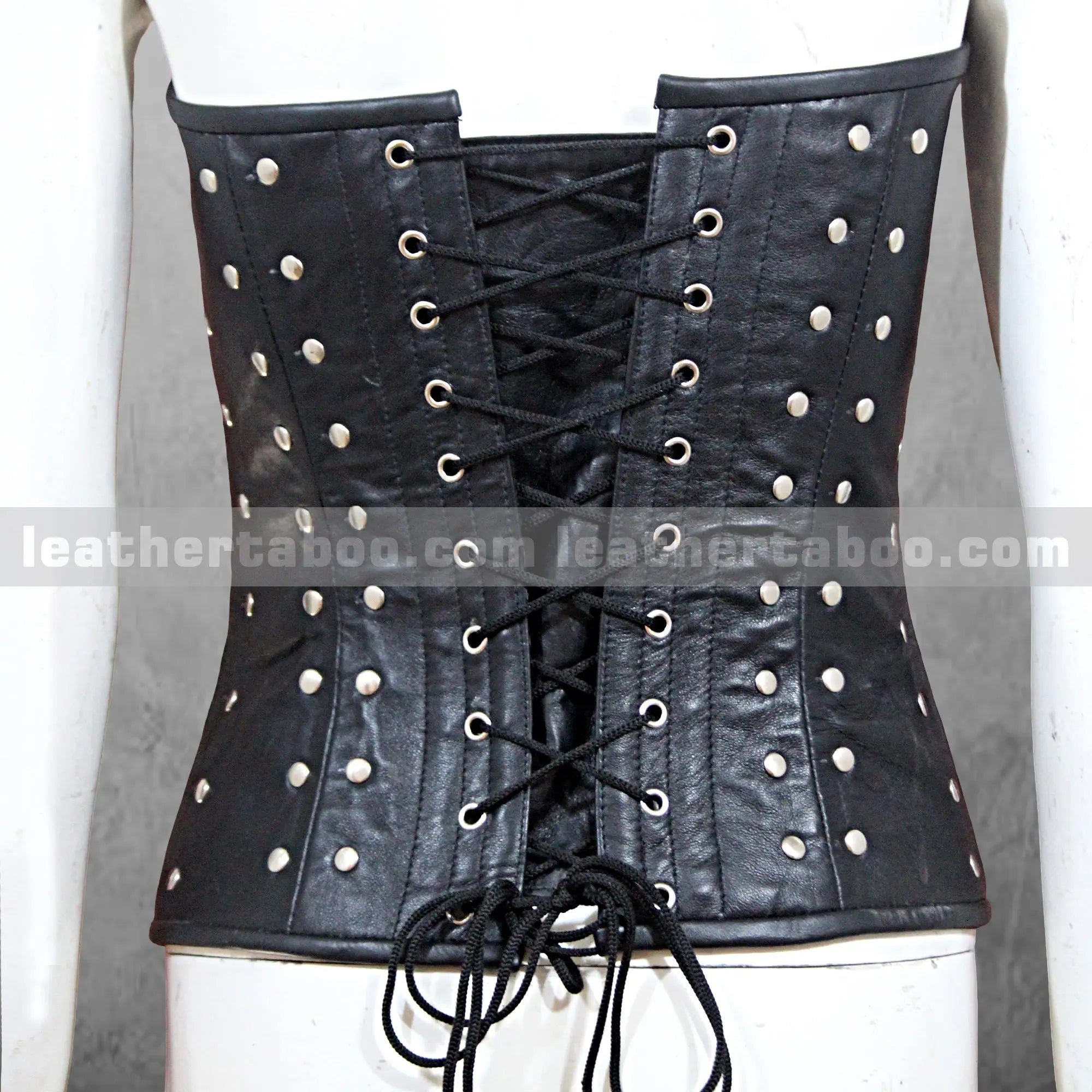 Black Sheepskin Leather Corset Top with Silver Studs, Buckle Front & Lace-Up Back, Adjustable Fit, Gothic Steampunk Waist Cincher - Leather taboo