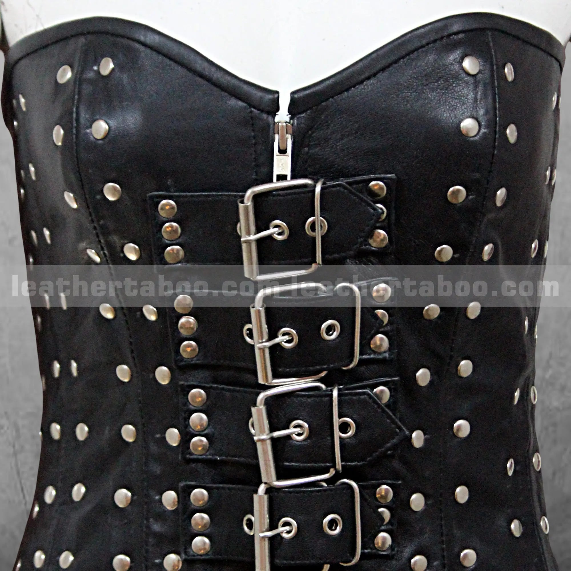 Black Sheepskin Leather Corset Top with Silver Studs, Buckle Front & Lace-Up Back, Adjustable Fit, Gothic Steampunk Waist Cincher - Leather taboo