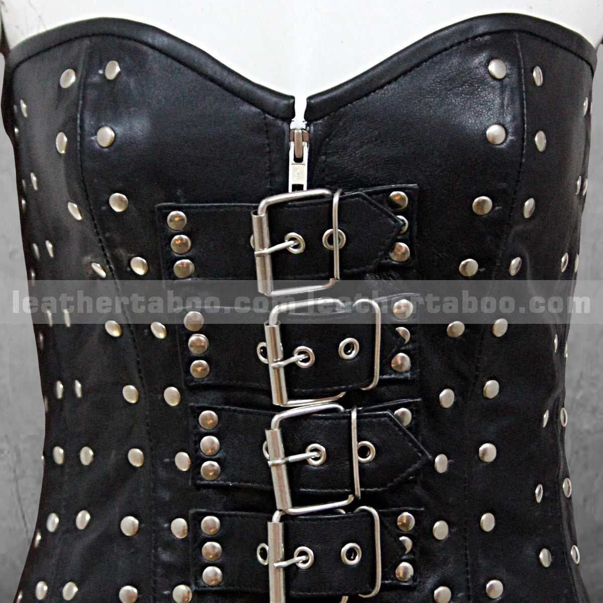 Black Sheepskin Leather Corset Top with Silver Studs, Buckle Front & Lace-Up Back, Adjustable Fit, Gothic Steampunk Waist Cincher - Leather taboo