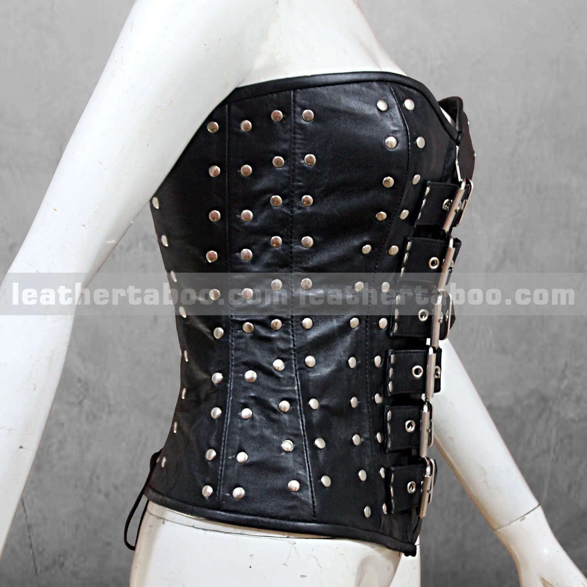 Black Sheepskin Leather Corset Top with Silver Studs, Buckle Front & Lace-Up Back, Adjustable Fit, Gothic Steampunk Waist Cincher - Leather taboo