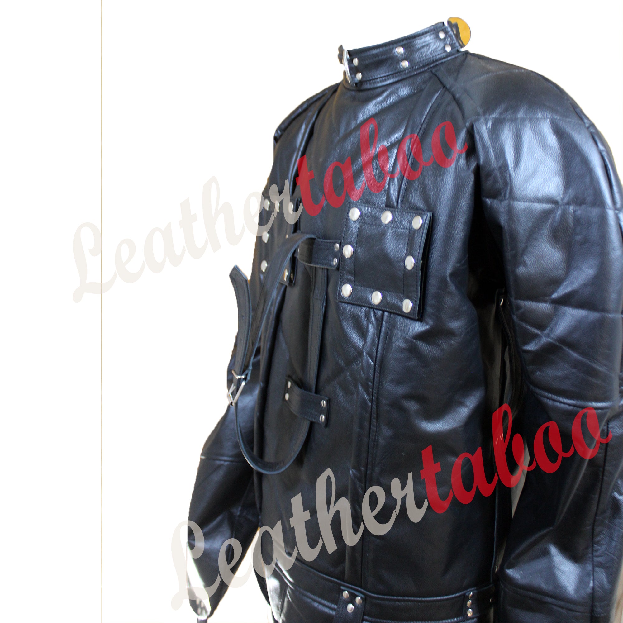 Real Leather Men Straitjacket Genuine Black Leather padded Straitjacket with Chest Flap Restricted Bondage Gift For Him