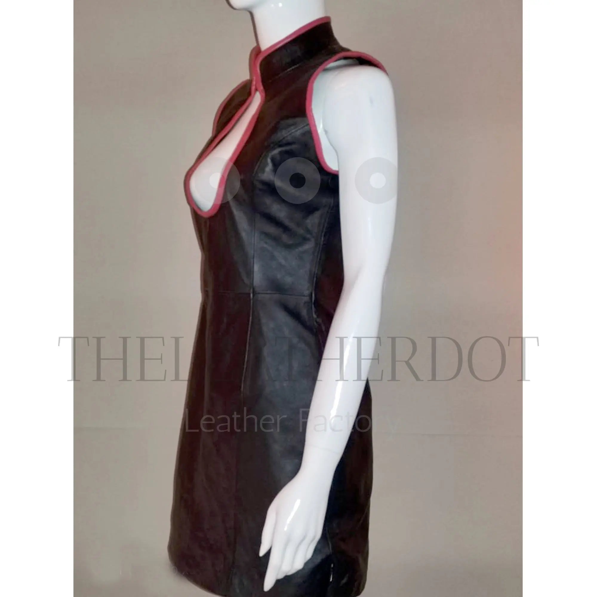 Bold & Elegant: The Black Cutout High Collar Leather Mini Dress by LeatherTaboo.com - Leather taboo