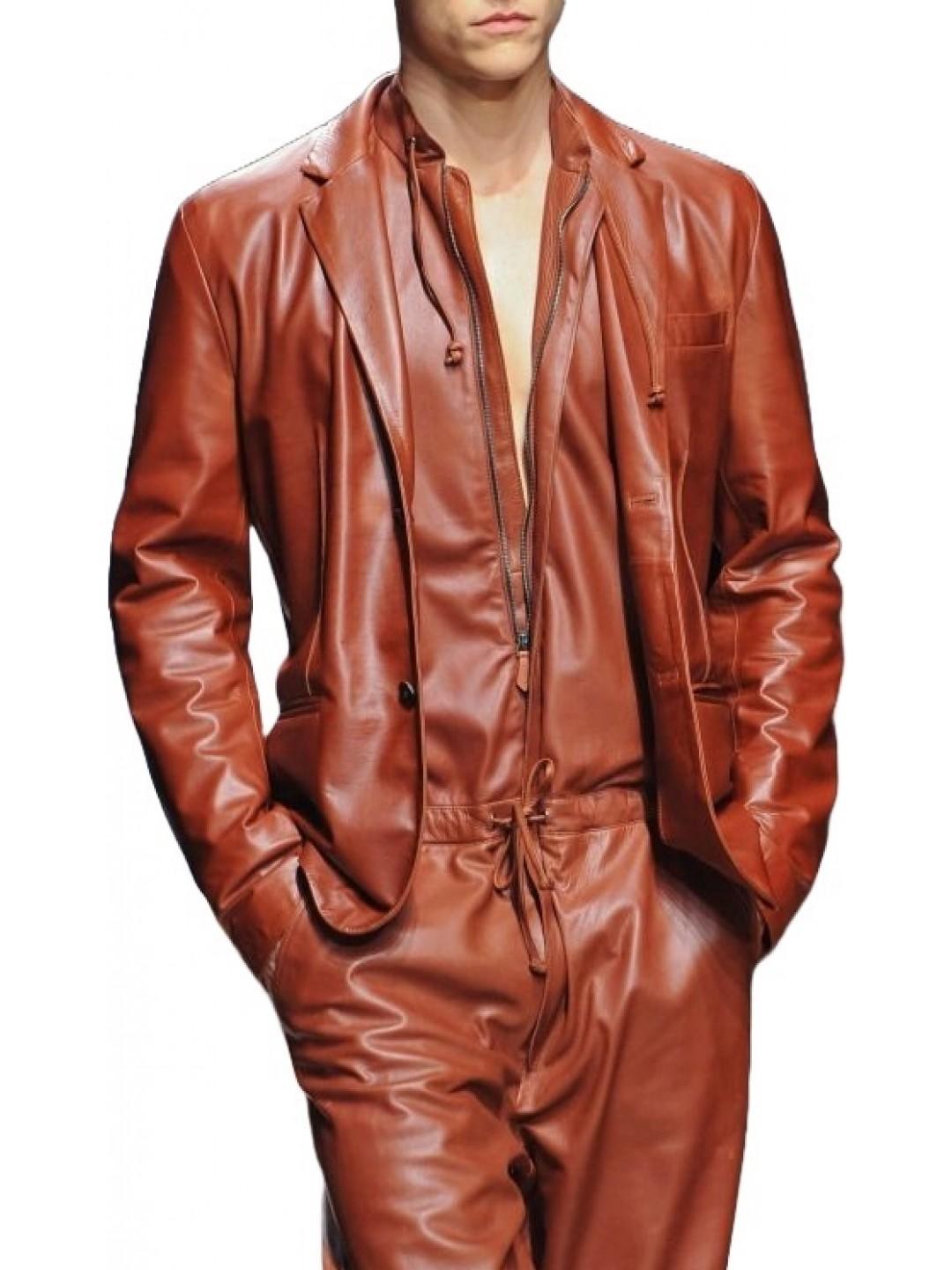 Menโs Real Leather Jumpsuit Catsuit (Brown Casual Bodysuit Outfit)