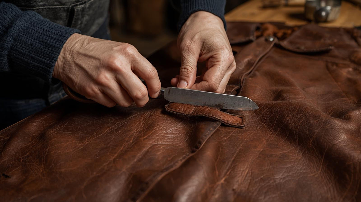 Close-up of hands trimming a brown leather piece with a leatherworking knife